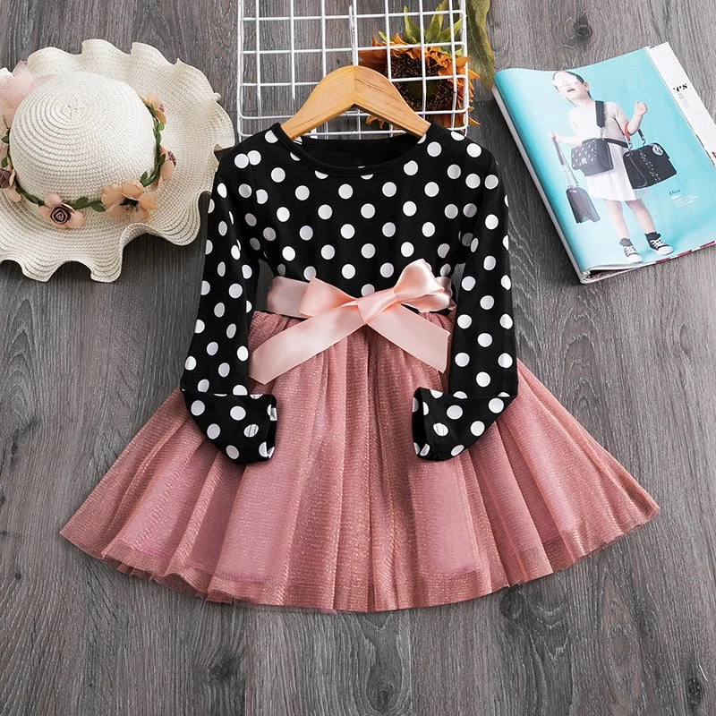 Autumn Winter Girl Long Sleeve Dress Polka Dot Bow Princess Dress Little Kids Casual Clothing Children Birthday Party Gown 3-8Y