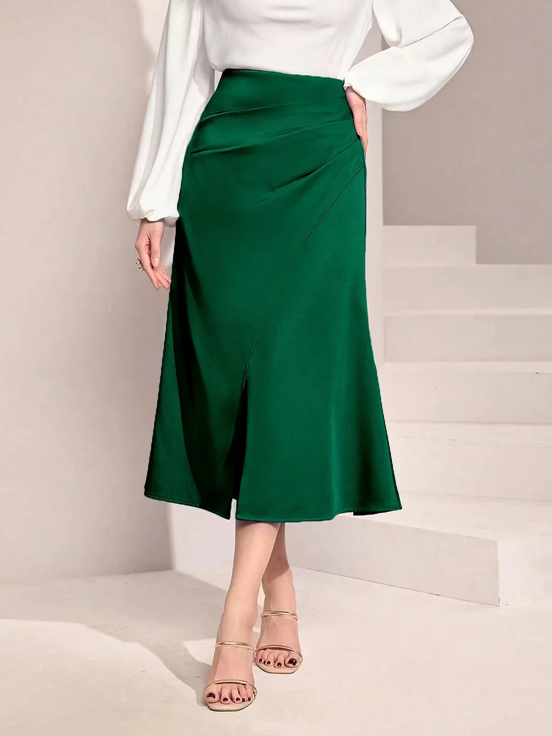 Ueong Women's High-Waisted Satin Pleated Split Skirt Solid Color Half Skirt Zipper Fishtail Hip Skirt
