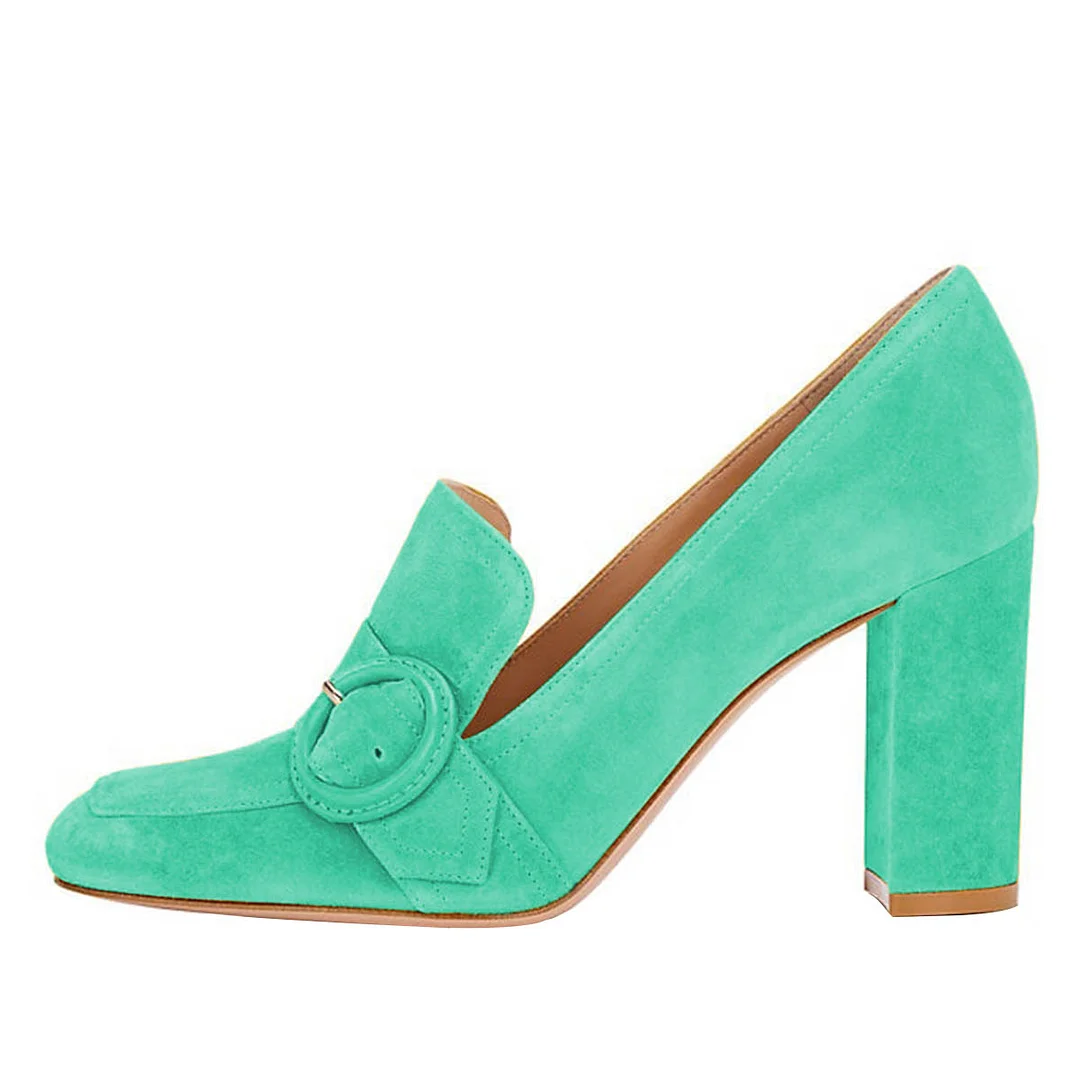 Turquoise Square Toe Vegan Suede Chunky Heeled Loafers with Buckle