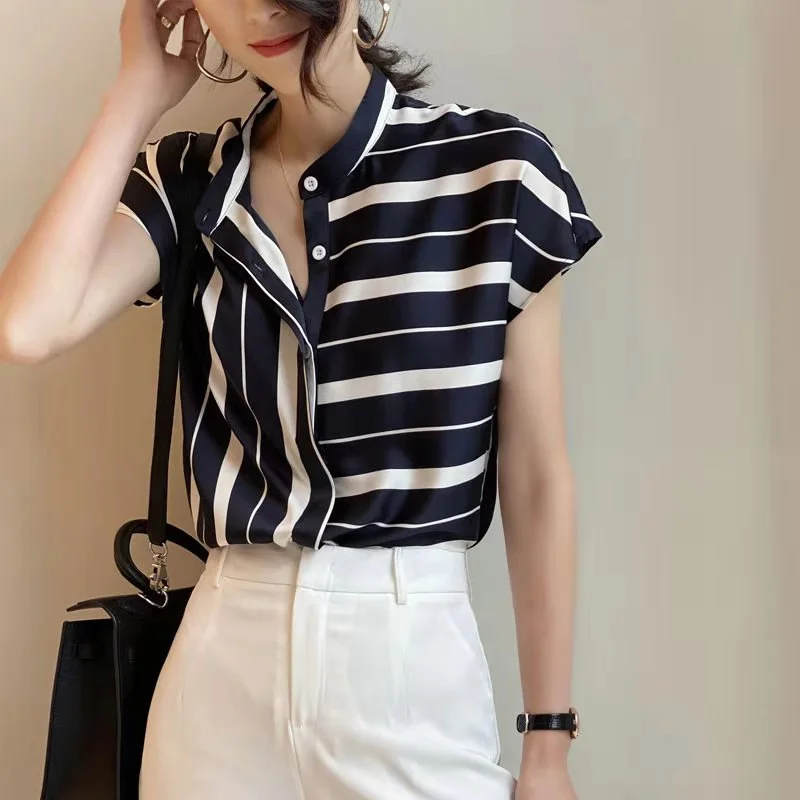 Summer Women Casual Striped Shirt Short Sleeve  Office Lady Commuting Chiffon Shirt