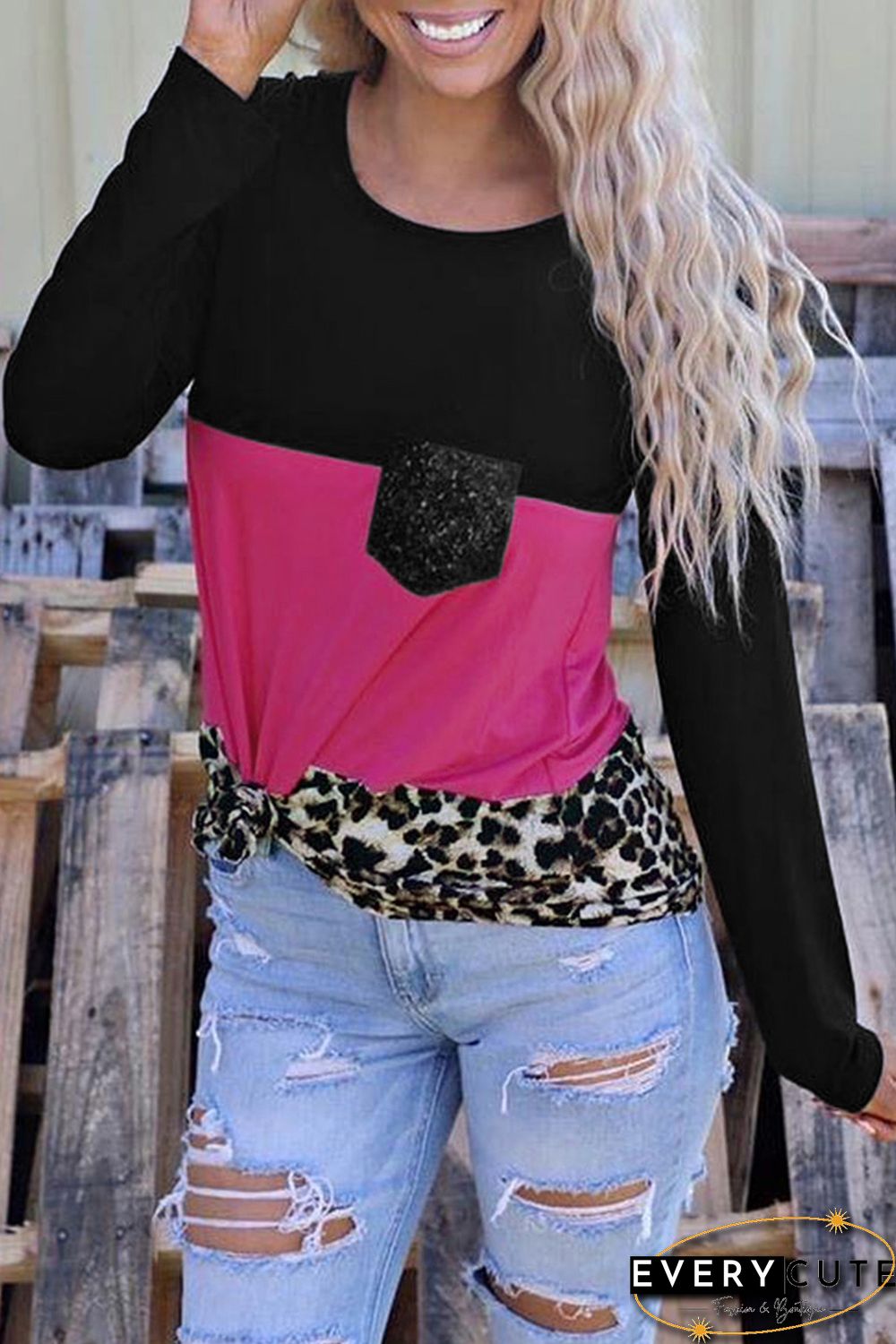 Rosy Leopard Print Color Block Sequin Pocket Top