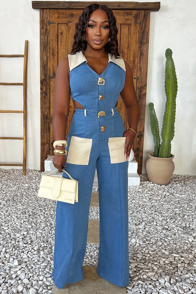 V Neck Sleeveless Cutout Colorblock Denim Wide Leg Jumpsuit-Blue [Pre Order]