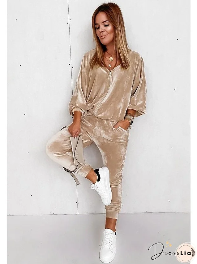 Sweatshirt Tracksuit Pants Sets Basic Beige Black Casual Daily Solid Color Zipper S M L XL XXL for Women