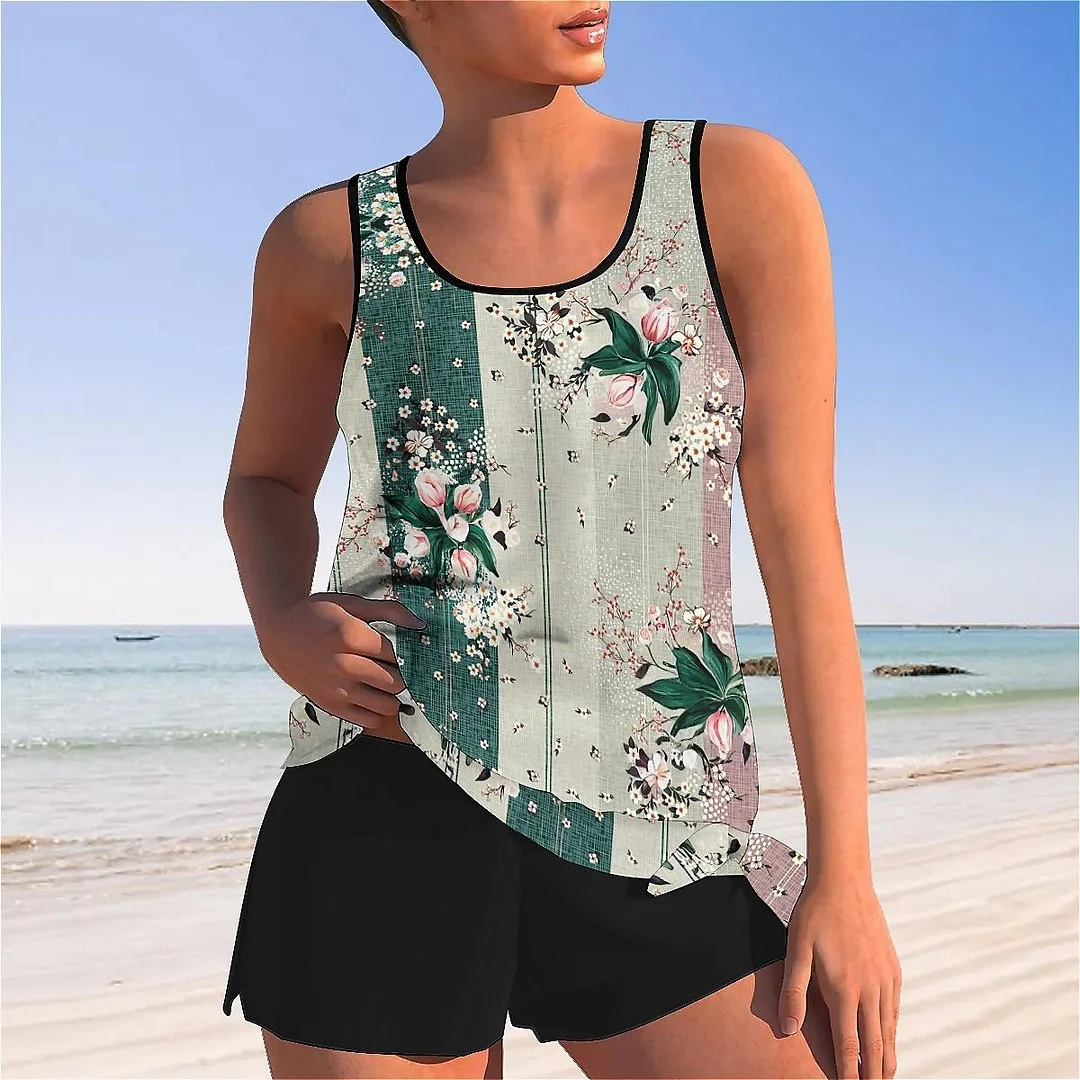 Bowknot Floral,Pink,Green,Stitch Mid Waisted Tankini Set - Plus Size Available