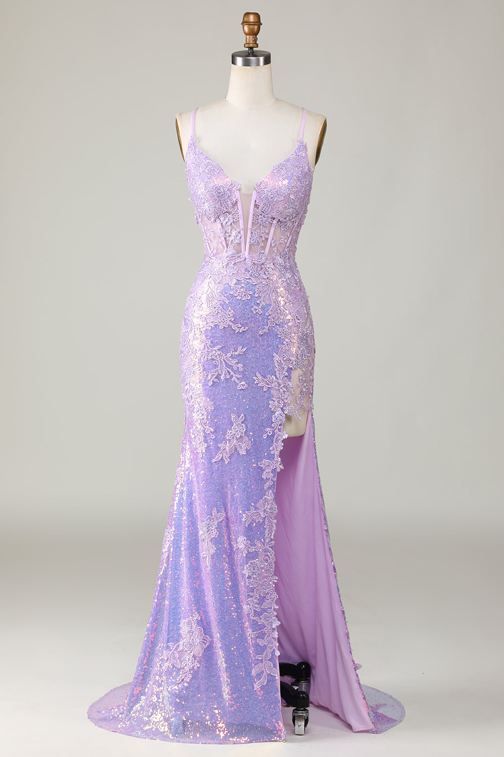 Deep V-Neck Spaghetti Straps Sleeveless High-Waisted Long Mermaid Prom Dress With Appliques And High Split | YX0047 Wellcucu