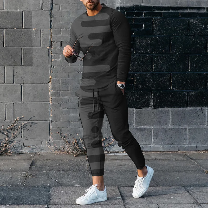 Men's Abstract Stripe Splicing Long Sleeve T-Shirt And Pants Co-Ord