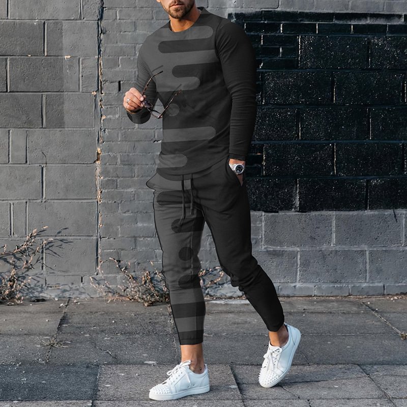 Men's Abstract Stripe Splicing Long Sleeve T-Shirt And Pants Co-Ord