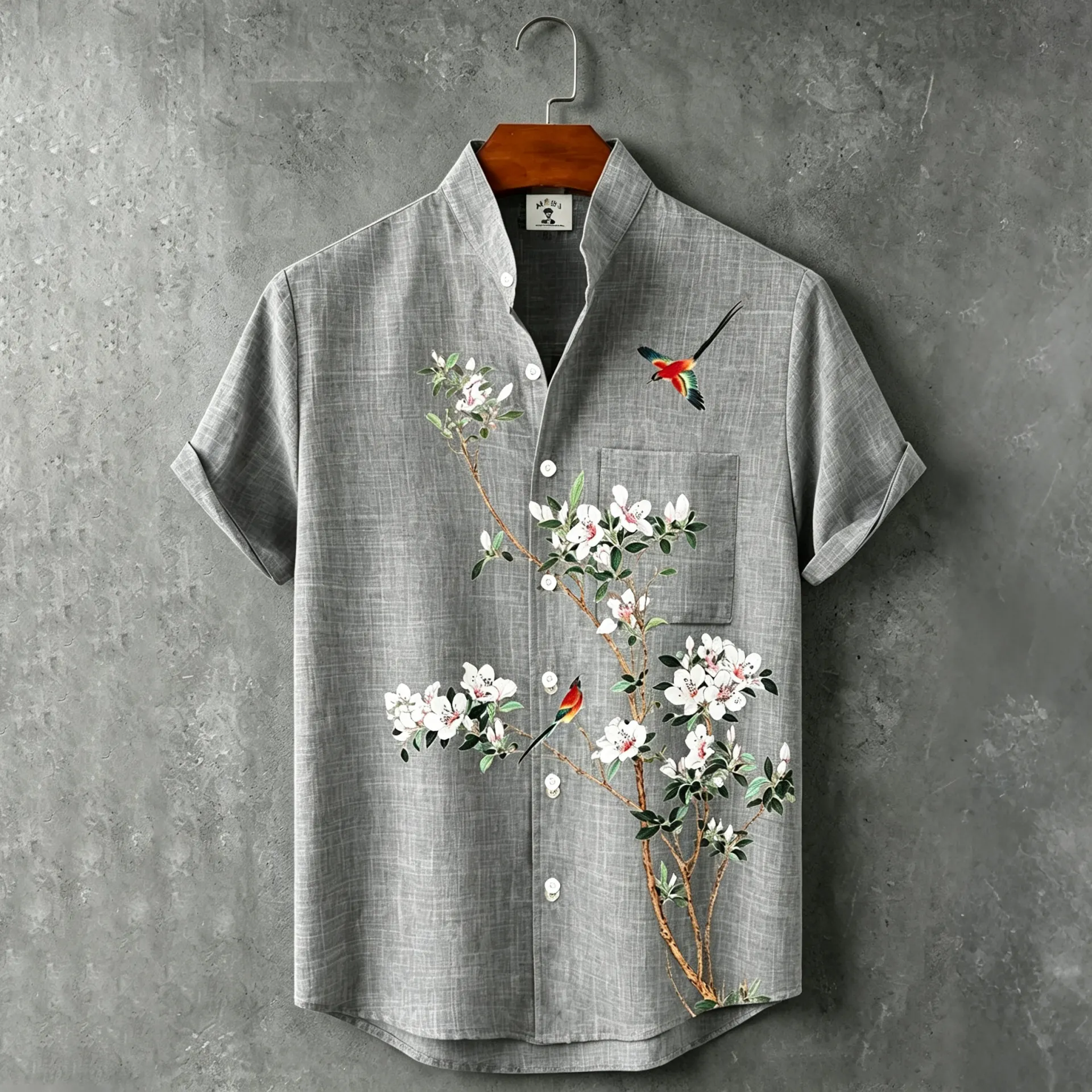 Men's Vintage Floral And Birds Art Pattern Casual Short-sleeve Linen Shirt  artssus