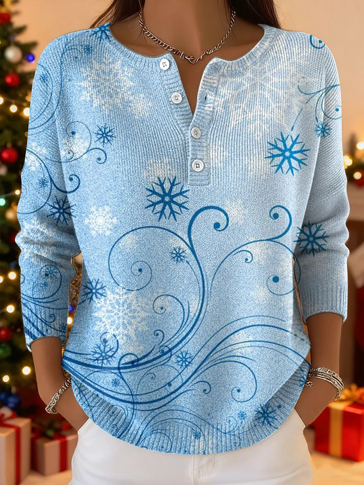 Women's Christmas Snowflake Pattern Art Print Buttoned Cardigan Sweater