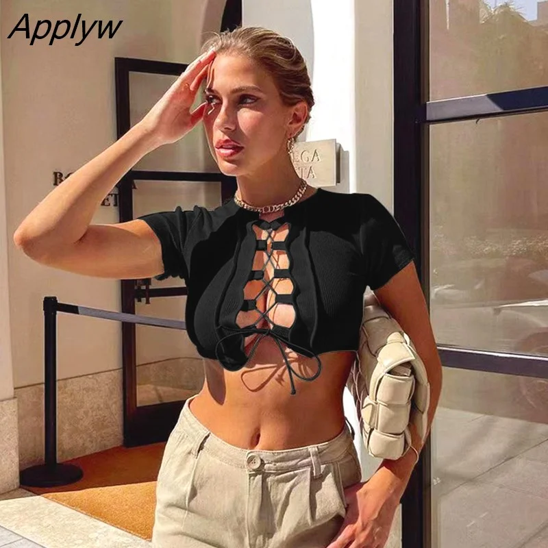 Applyw Simenual Solid Ribbed Tie Front Top Women Short Sleeved Hollow Out Drawstring T Shirts Patchwork Trendy Bodycon Crop Tops Female