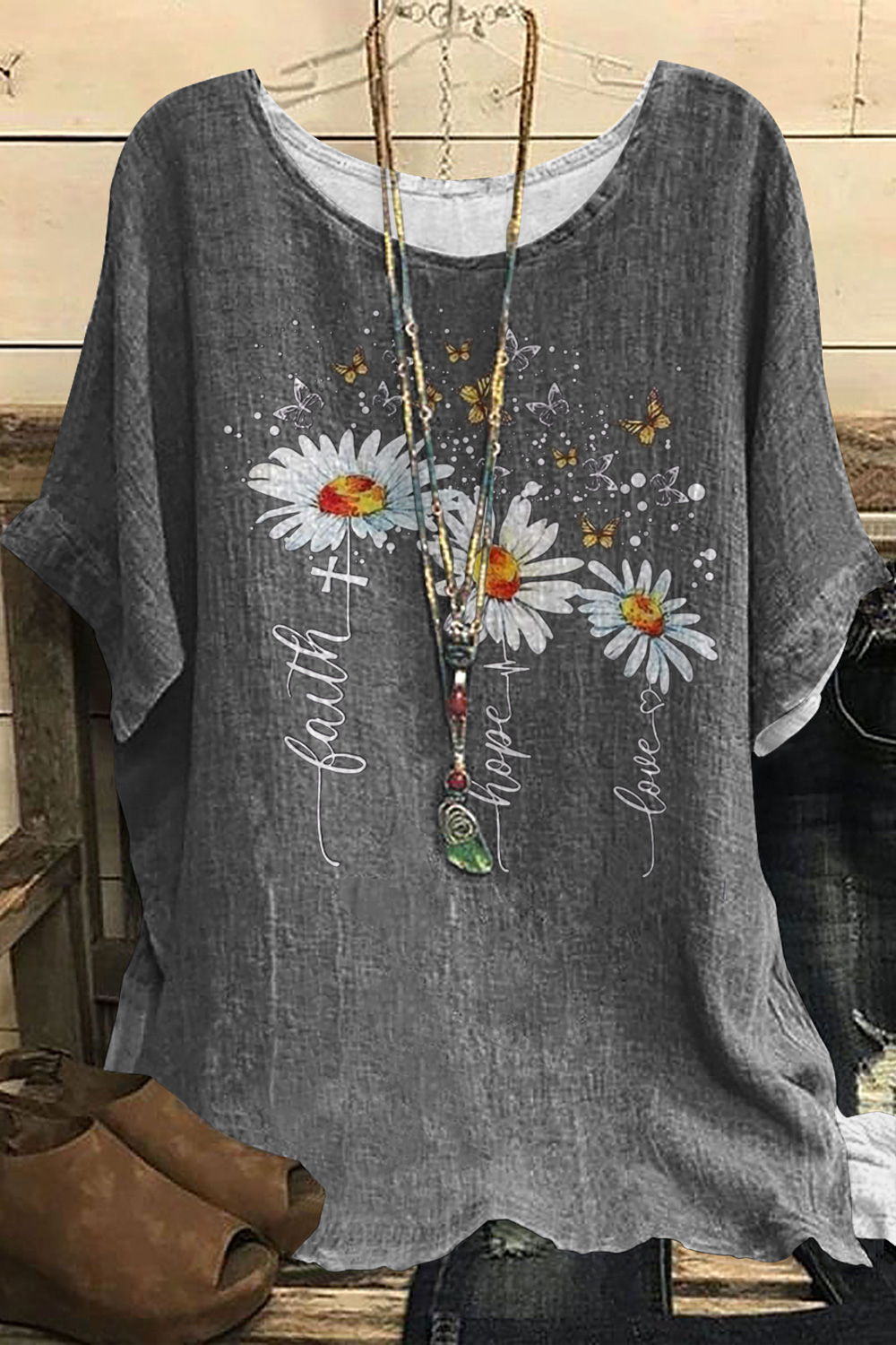 Flycurvy Plus Size Casual Dark Grey Floral Print Round Neck Linen Blouse 2024 - Flycurvy 