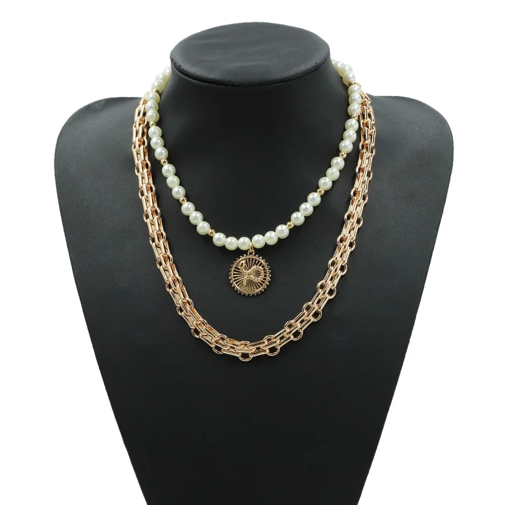 Dvacaman Retro Simple Pearl Letter Pendant Initial Necklace for Women Boho Statement Multi Layered Chunky Chain Necklace Jewelry