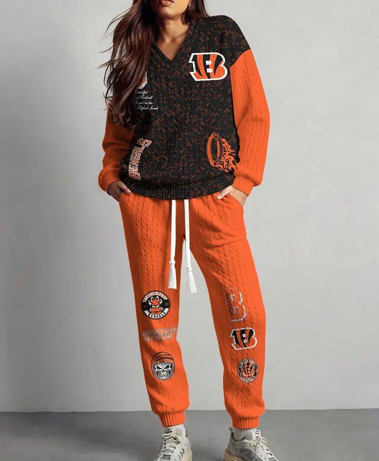 Cincinnati Bengals  Classic All-Season Long Sleeve V-Neck Pullover Sweater & Pants Set