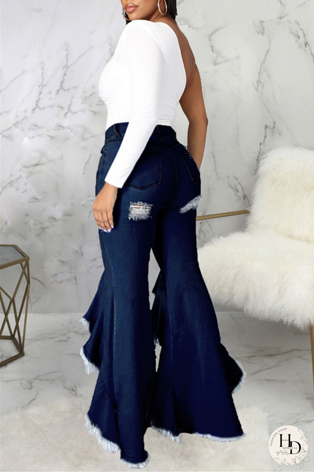 Baby Blue Fashion Casual Solid Ripped Asymmetrical High Waist Regular Jeans