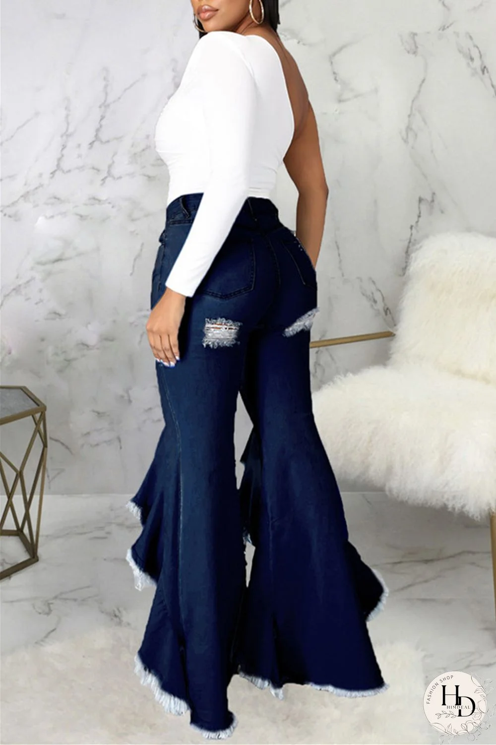 Baby Blue Fashion Casual Solid Ripped Asymmetrical High Waist Regular Jeans