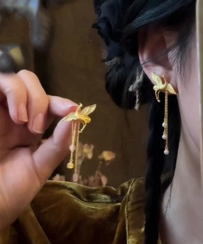 Vintage Gold Copper Alloy Crane Tassel Drop Earrings