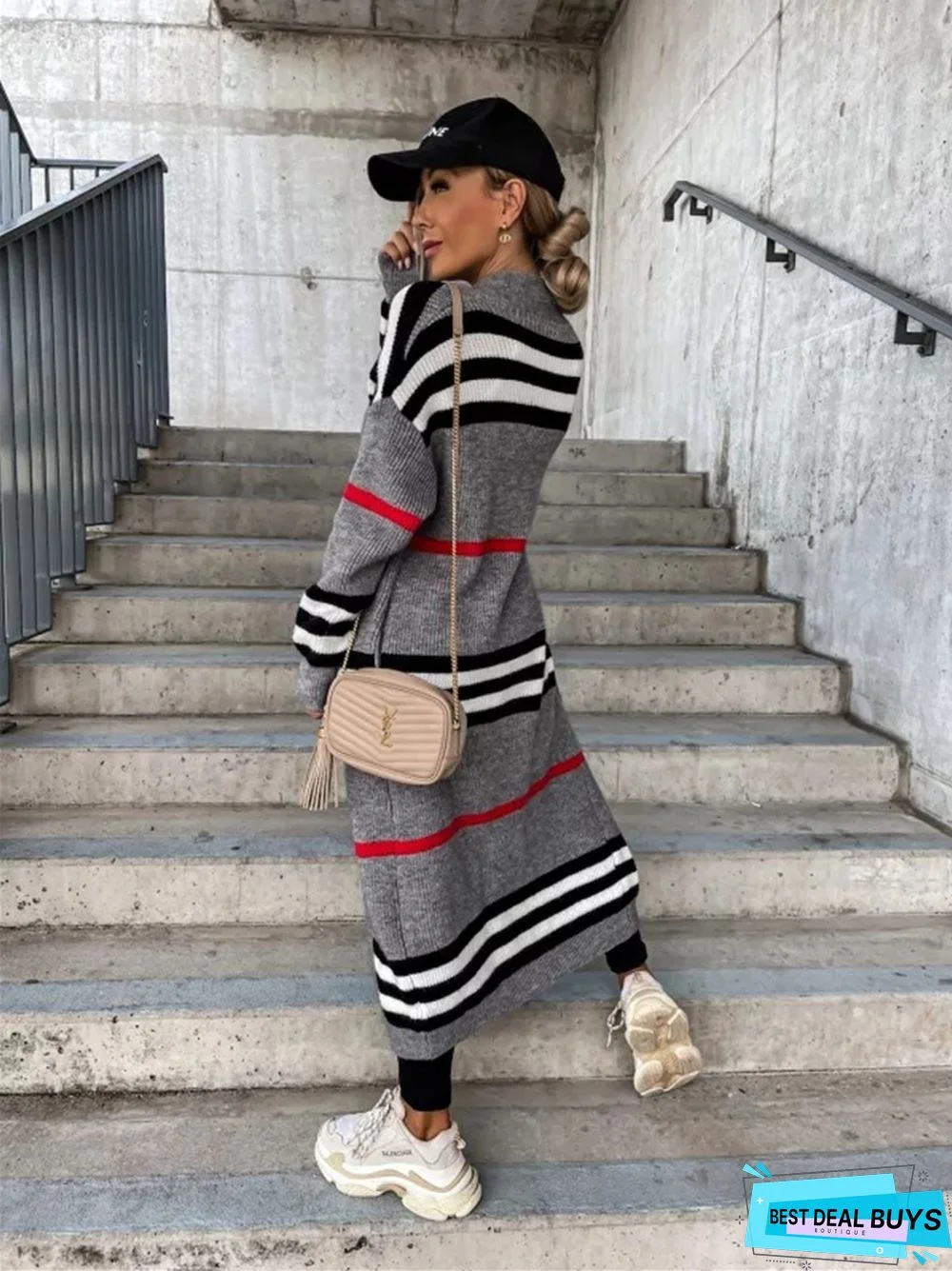 Ladies Long Cardigan Striped Knit Sweater