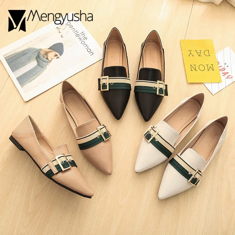 Pointed Toe Flats Womens Metal Buckle Single Shoes Cloth Belt Ballerina Loafers Slip On Lady Office Shoes Dress Leather Creepers