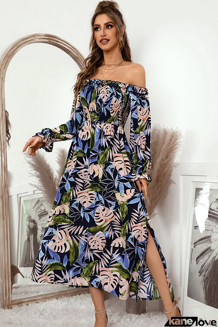 Botanical Print Off-Shoulder Flounce Sleeve Dress