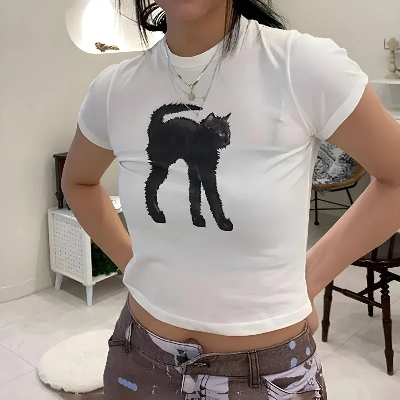 Brownm Cat Crop Tee