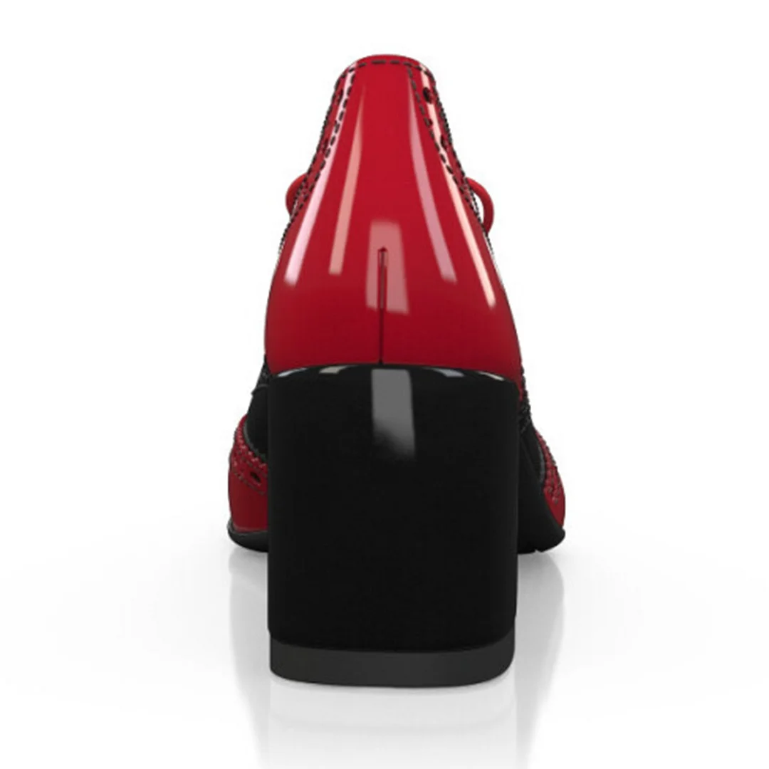 Red and Black Round Toe Lace-Up Oxford Heels with Perforated Patterns