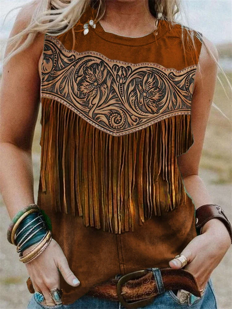 Western Floral Leather Tassels Tank Top