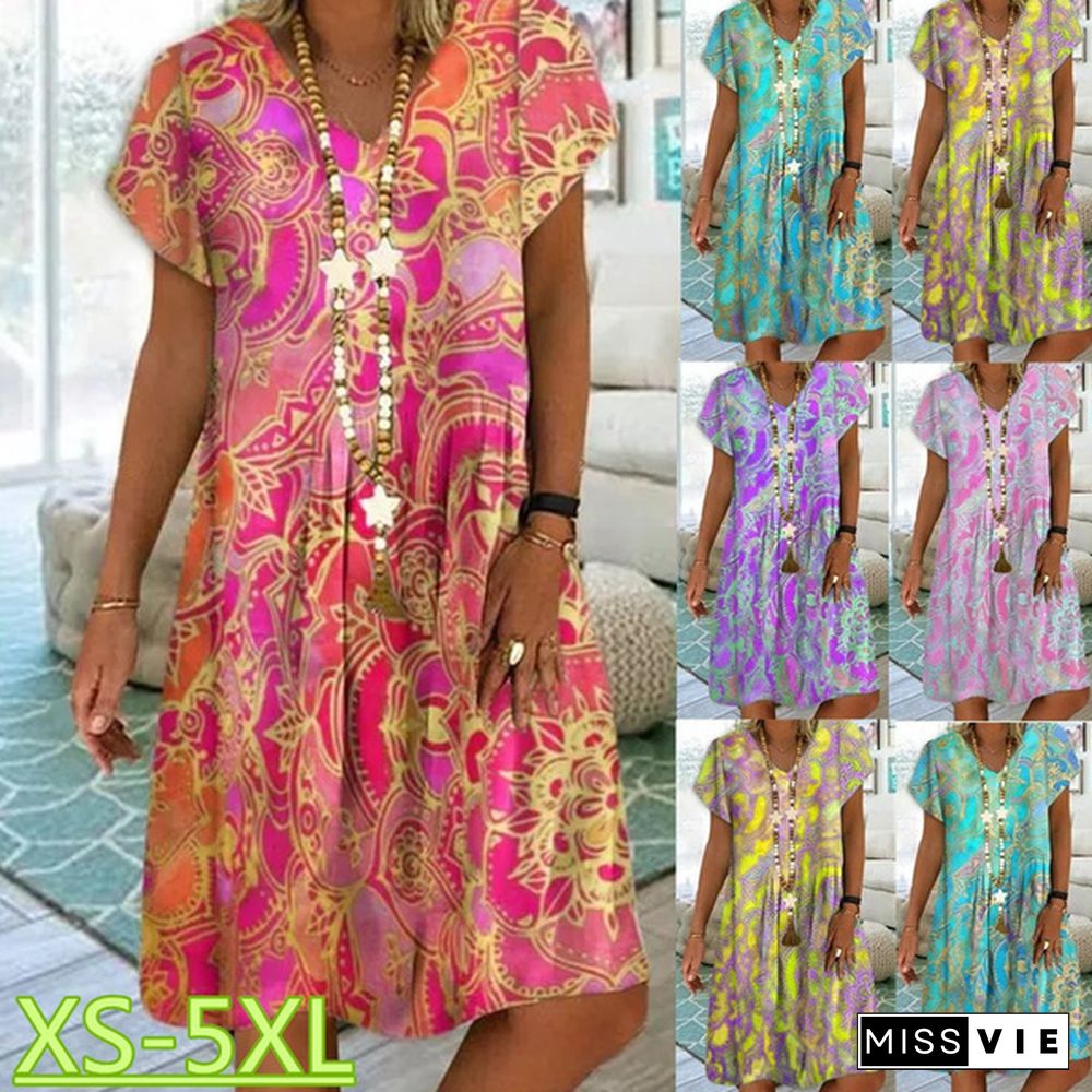 summer new fashion women's vintage printed v-neck short sleeve casual dress loose summer soft and thin plus size dress XS-5XL