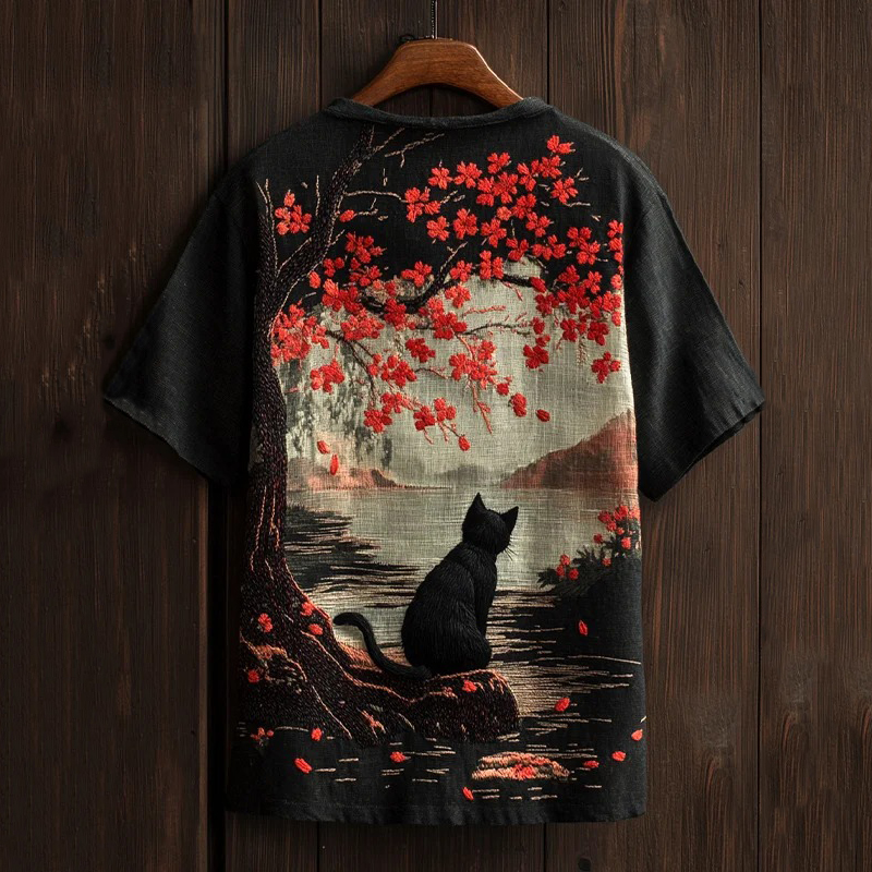 Men's Cat And Cherry Blossom Print Casual V-neck T-shirt  artssus