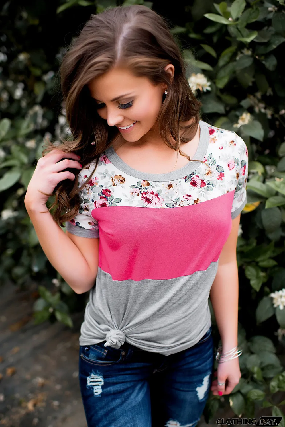 Rose Floral Print Splicing Colorblock Tee