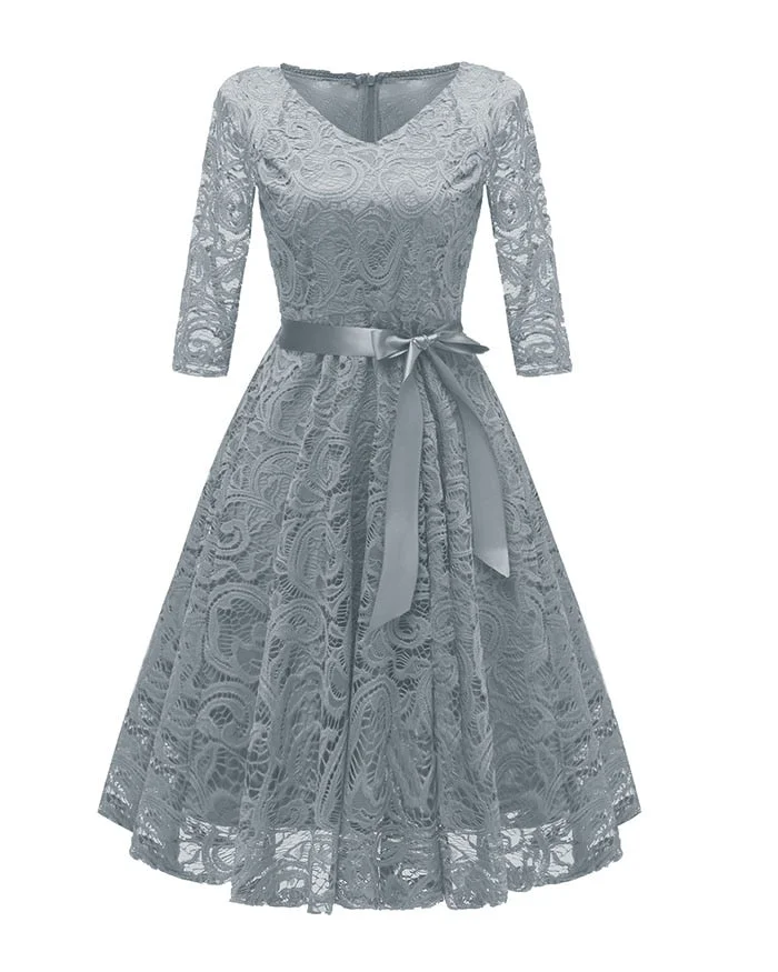 2020 New Elegant Lace Evening Party Dress Women V-neck 3/4 Sleeve Sashes Dress Ladies Vintage Big Swing Midi Dress
