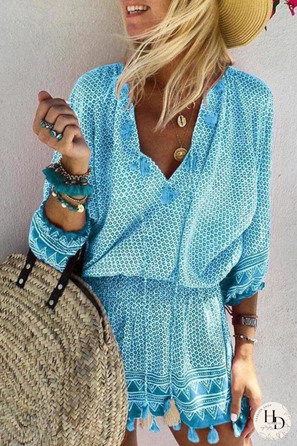 V-neck 3/4 Sleeve Beach Mini Dress (6 Colors) P16204