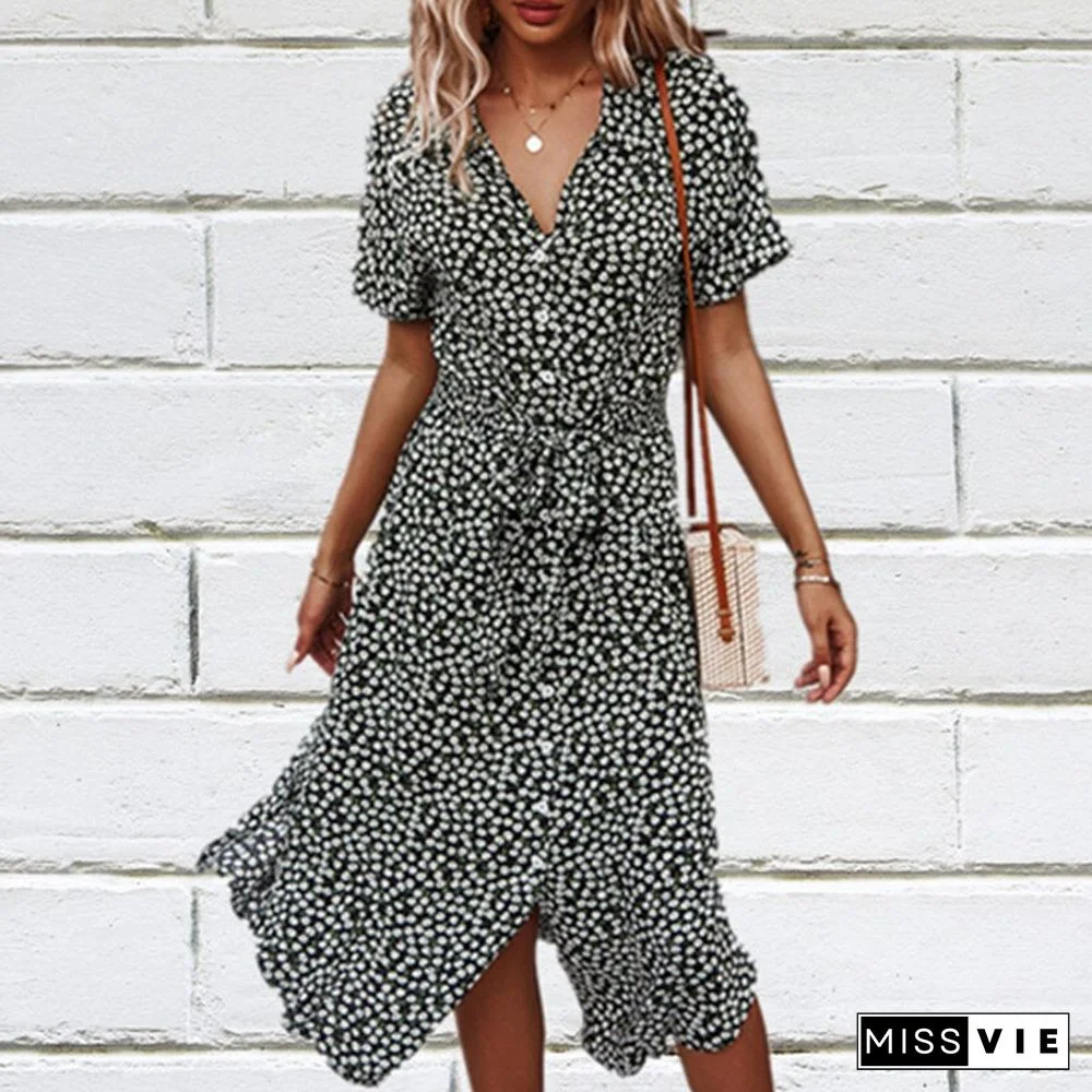 Summer Leisure Holiday Style Sexy Boho Dress For Women Print High Waist V Neck Dress Vestidos De Mujer Clothing Women