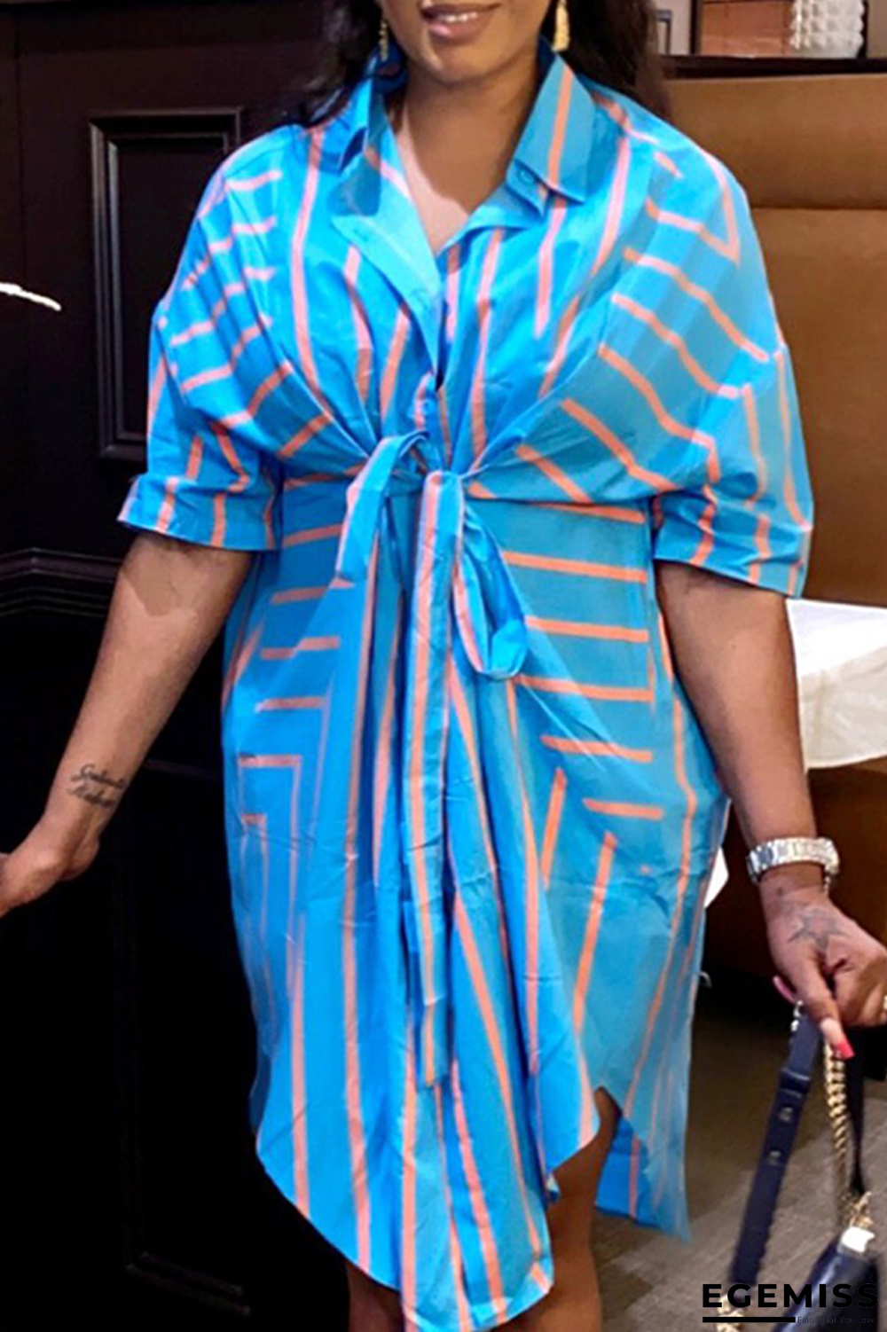 Blue Casual Striped Patchwork Turndown Collar Shirt Dress Dresses | EGEMISS