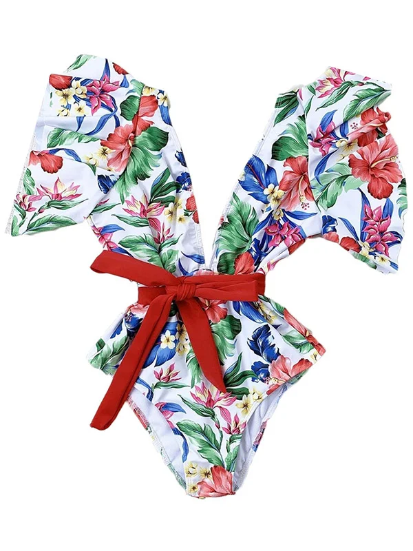 Short Sleeve Floral Falbala Deep V-Neck One-Piece Swimwear
