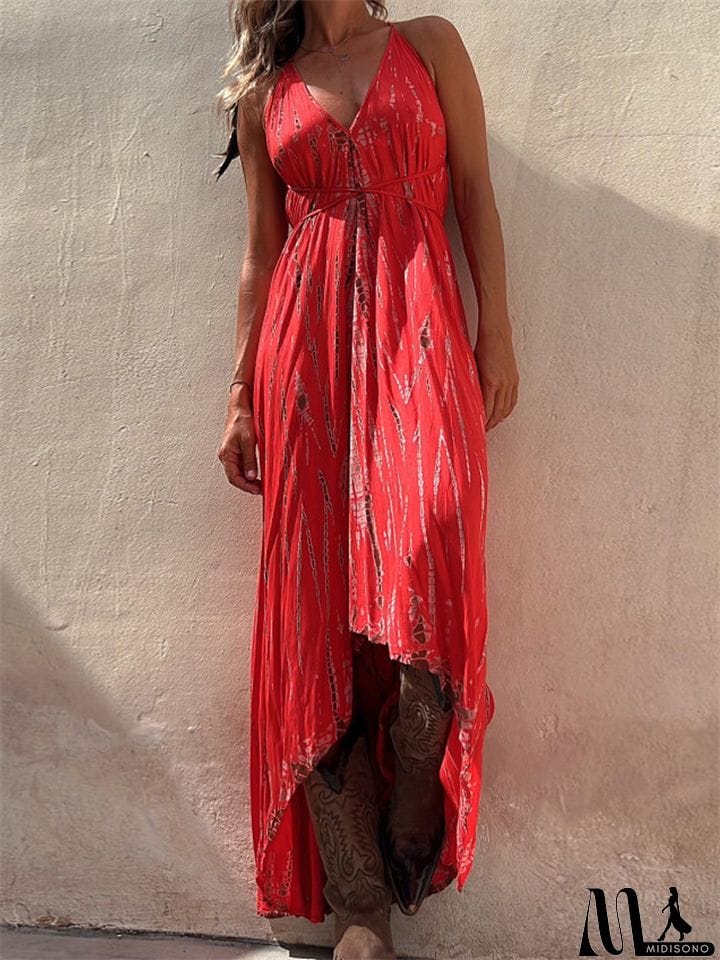 MidiSono - Boho Style Lady Sexy Big Swing Spaghetti Strap Dress