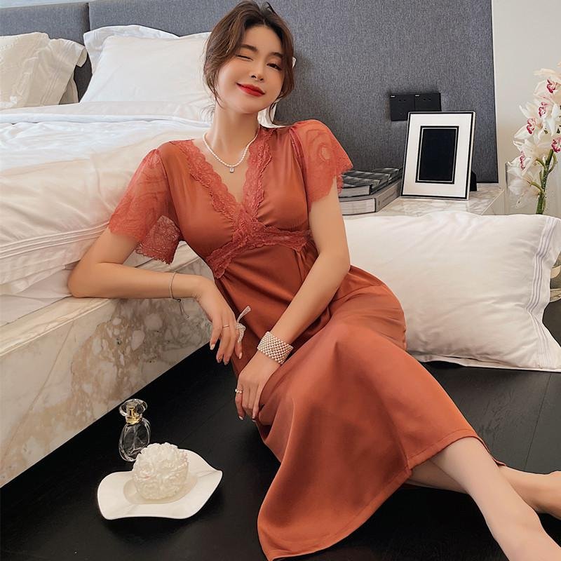 Uaang V-Neck Nightdress Women Nightwear Summer New Nightgown Bride Satin Lace Sleepwear Nighty Dress Lounge Sleep Gown Home Clothing