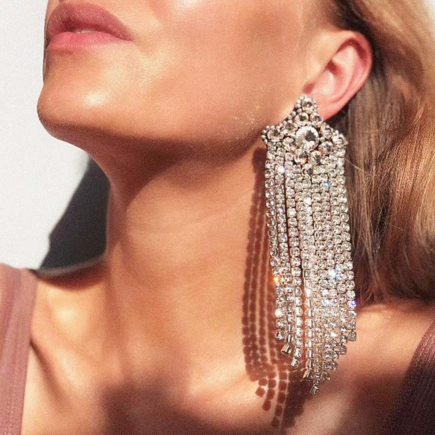 Rhinestone Long Tassel Women's Earrings Dinner Party Jewelry-VESSFUL
