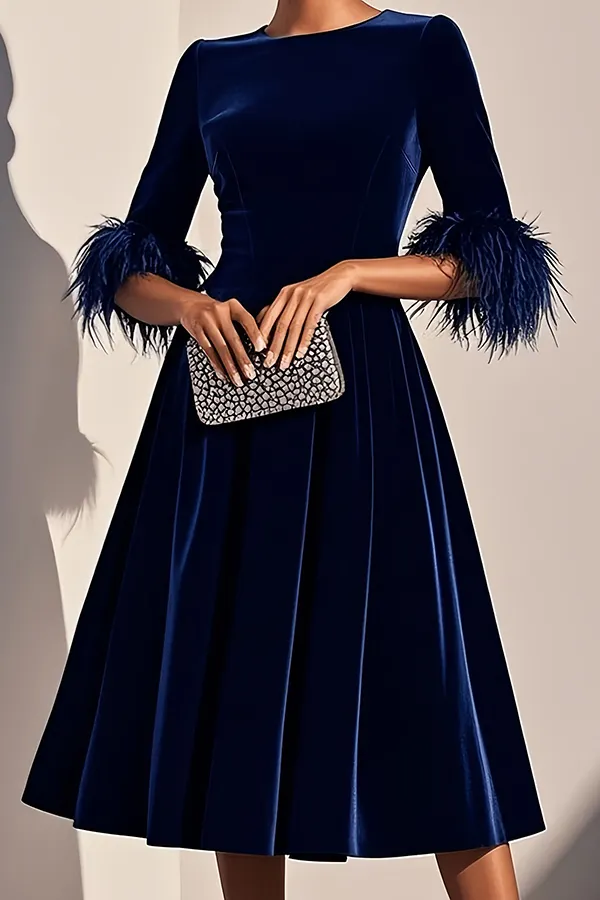 Solid Color Velvet Feather Half Sleeves Elegant Fitted Waist Midi Dress