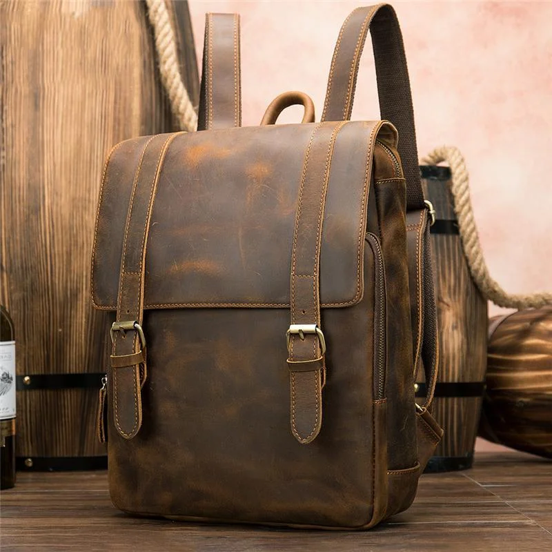 Distinct Vintage Look Genuine Leather Foldover Top Antique Brass Hardware Backpack