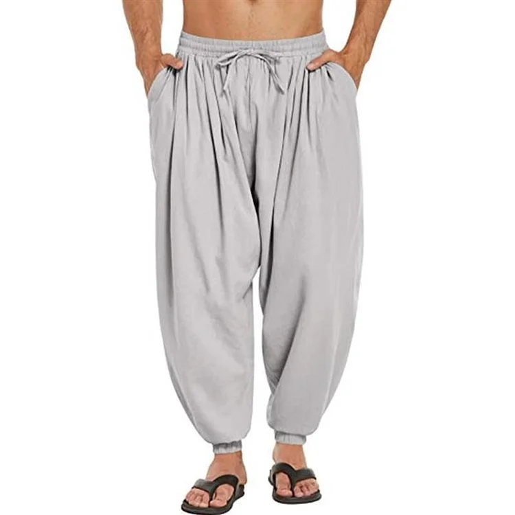 Men'S Solid Color Cotton And Linen Drawstring Pocket Casual Trousers