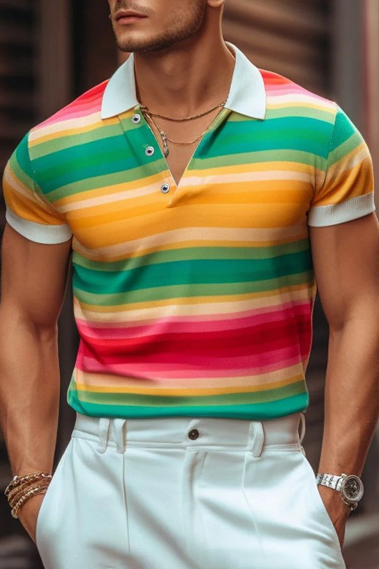 Rainbow Stripe Print Short Sleeve Polo Shirt