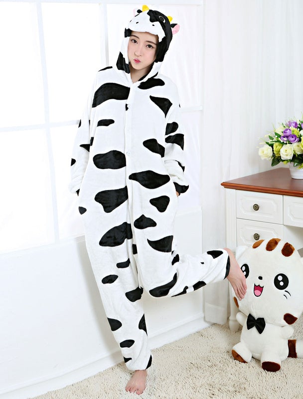Kigurumi Pajama Cow Onesie White Patchwork Flannel Animal Adult Sleepwear With Zipper Back Halloween Costume Novameme