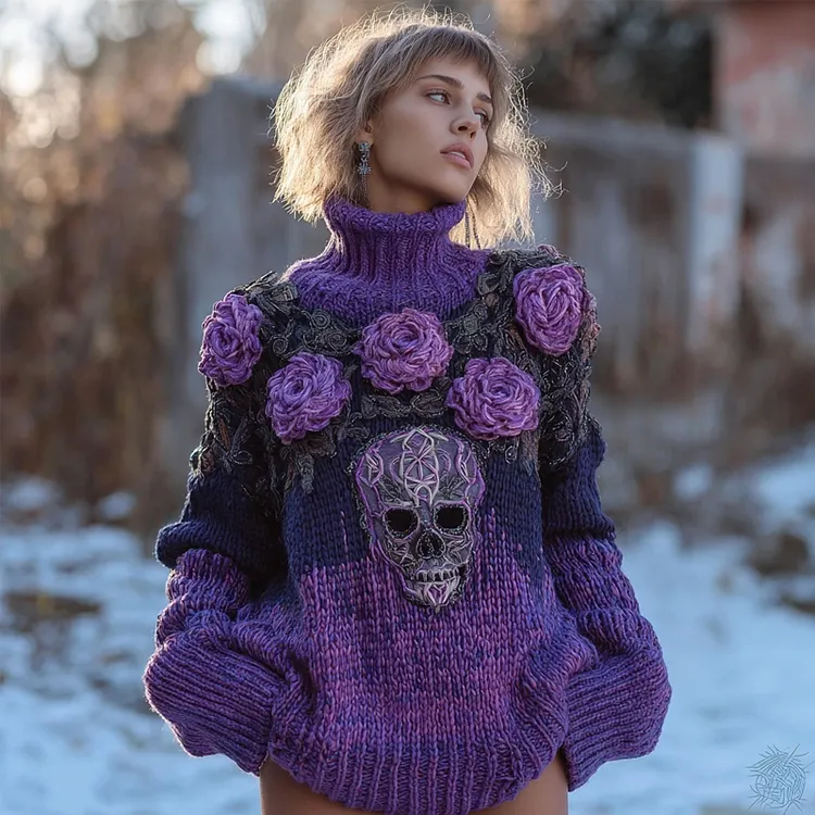 Vintage Purple Roses Skull Gradient Cozy Knit Turtleneck Sweater
