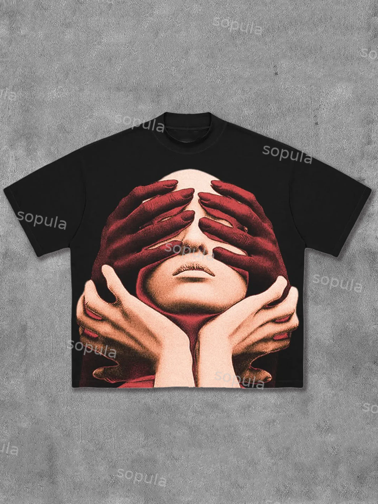 Personalized Blindfolded Print Short Sleeve T-shirt - Sopula｜Premium Graphic Tees & Graphic Clothing