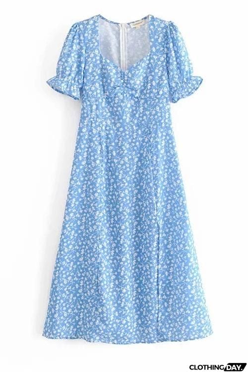 Print Slit Short Sleeve Dress