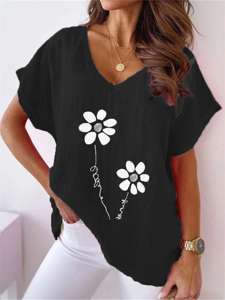 Women's Shirt Blouse Black White Pink Floral Print Short Sleeve Casual Holiday Basic V Neck Regular Linen Floral S -vasmok