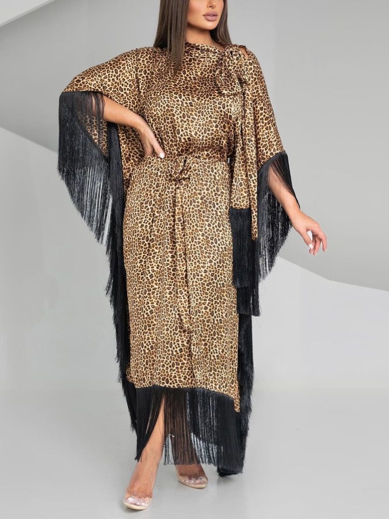 Fashion Leopard Print Bat Sleeve Dress with Fringe | Oxredo Shop Ramadan Sale