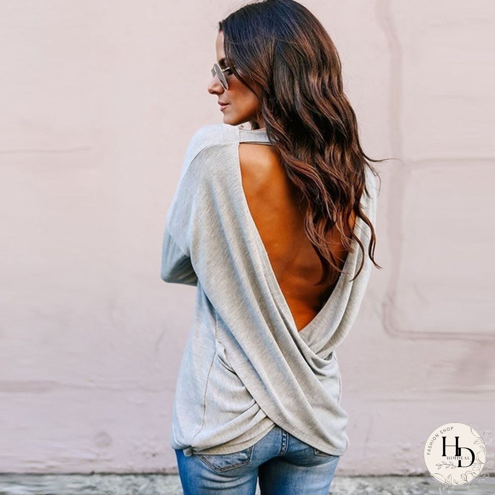Spring/Autumn Solid V-neck Long Sleeve Backless Top Casual Loose T Shirt Women Tops