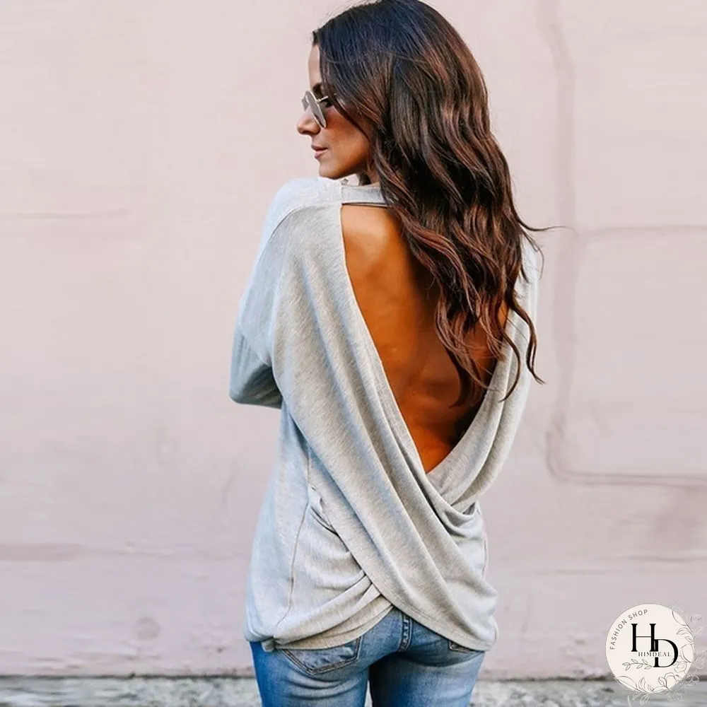 Spring/Autumn Solid V-neck Long Sleeve Backless Top Casual Loose T Shirt Women Tops