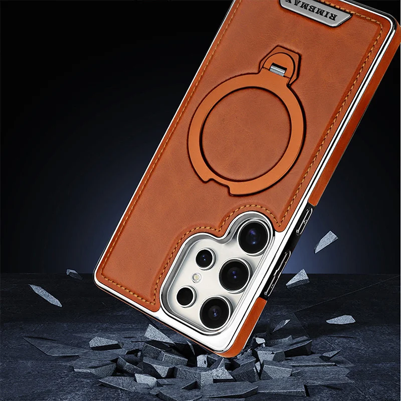 Samsung S25Ultra mobile phone case 360 ​​degree rotating magnetic bracket high-end leather grain